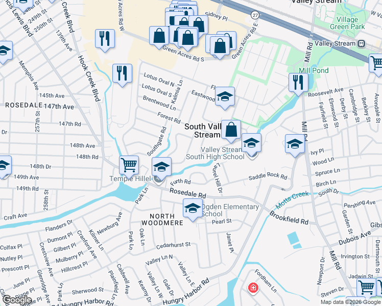 map of restaurants, bars, coffee shops, grocery stores, and more near 45 Brook Road in Valley Stream