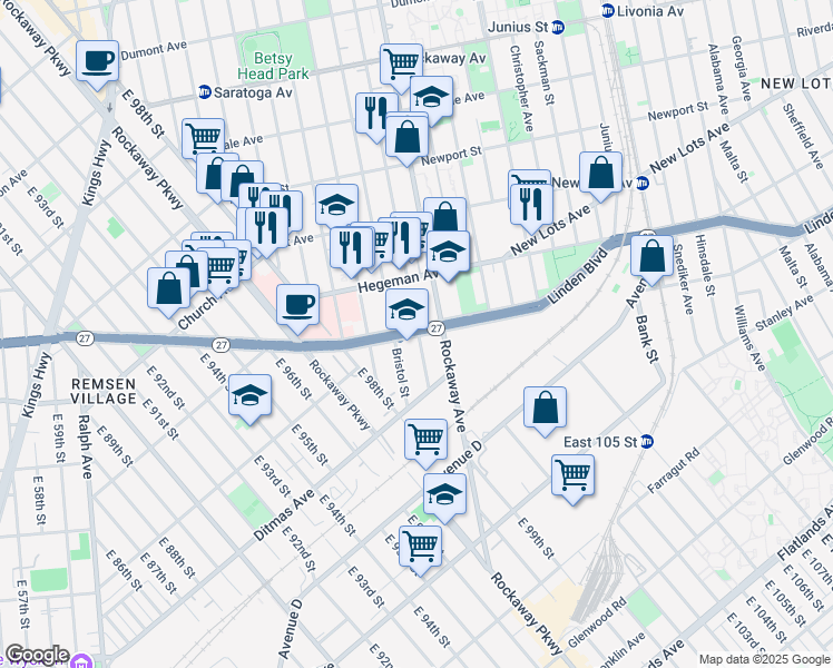 map of restaurants, bars, coffee shops, grocery stores, and more near 1462 Linden Boulevard in Brooklyn