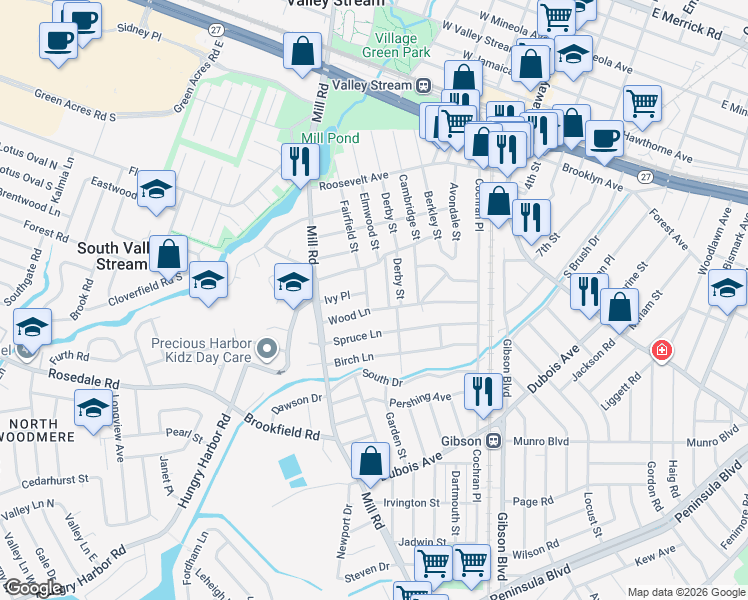 map of restaurants, bars, coffee shops, grocery stores, and more near 179 Fairfield Street in Valley Stream
