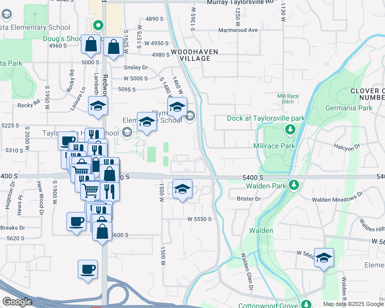 map of restaurants, bars, coffee shops, grocery stores, and more near 5321 Beacon Hill Circle in Murray