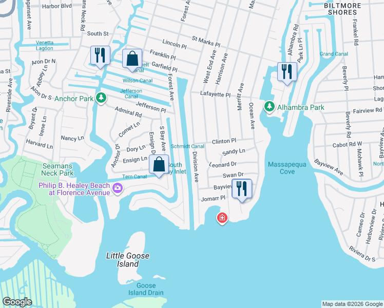 map of restaurants, bars, coffee shops, grocery stores, and more near 78 Division Avenue in Massapequa