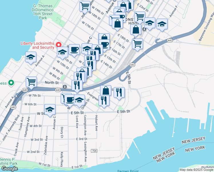 map of restaurants, bars, coffee shops, grocery stores, and more near 6 West Oak Court in Bayonne