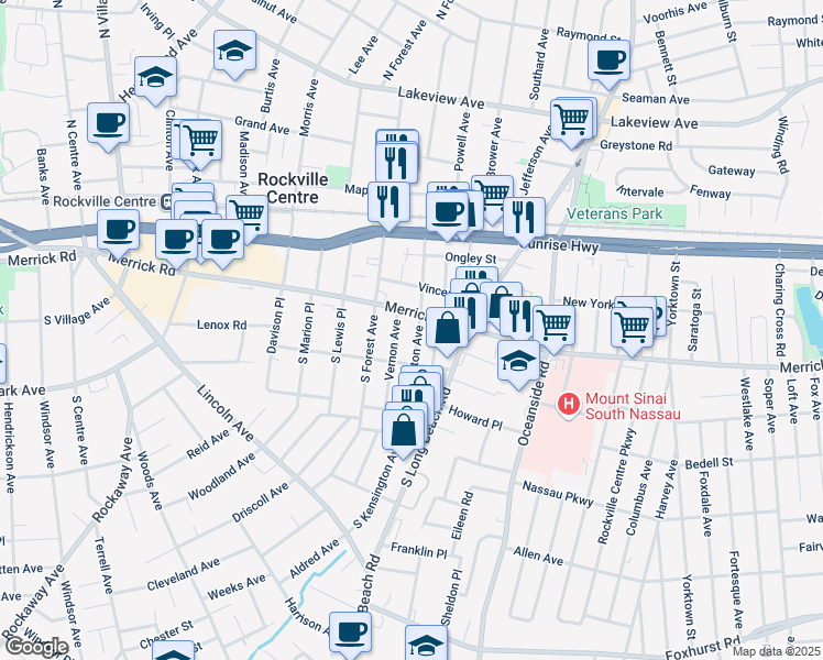 map of restaurants, bars, coffee shops, grocery stores, and more near 12 South Kensington Avenue in Rockville Centre