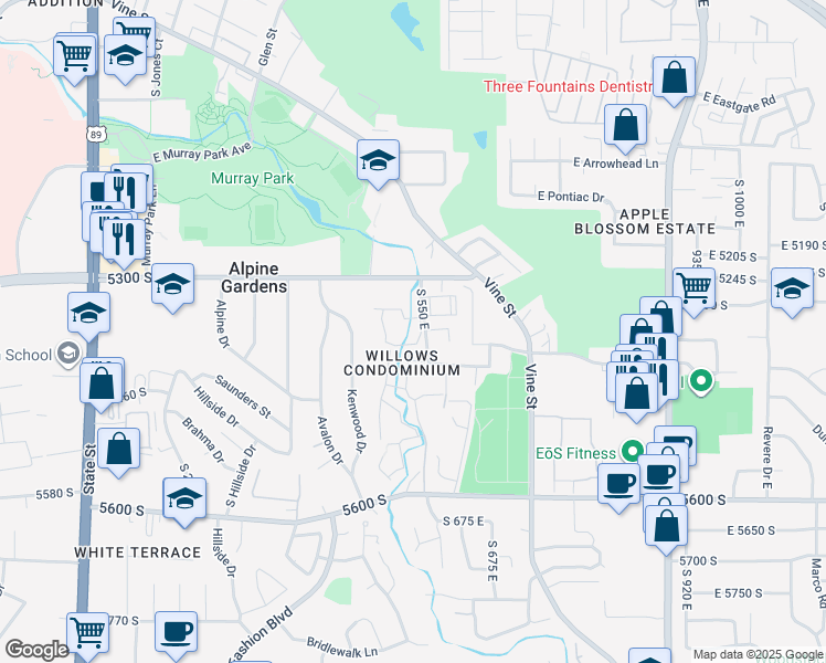 map of restaurants, bars, coffee shops, grocery stores, and more near 450 East Creekside Circle in Salt Lake City