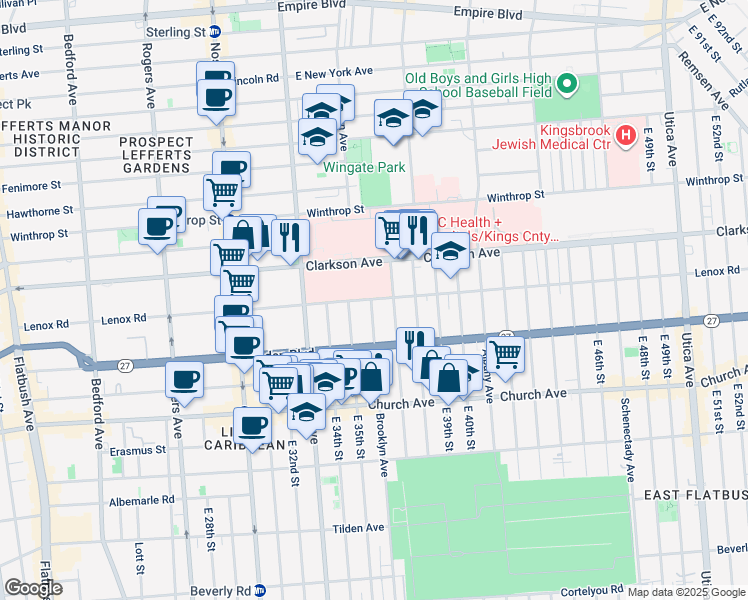 map of restaurants, bars, coffee shops, grocery stores, and more near 450 Lenox Road in Brooklyn