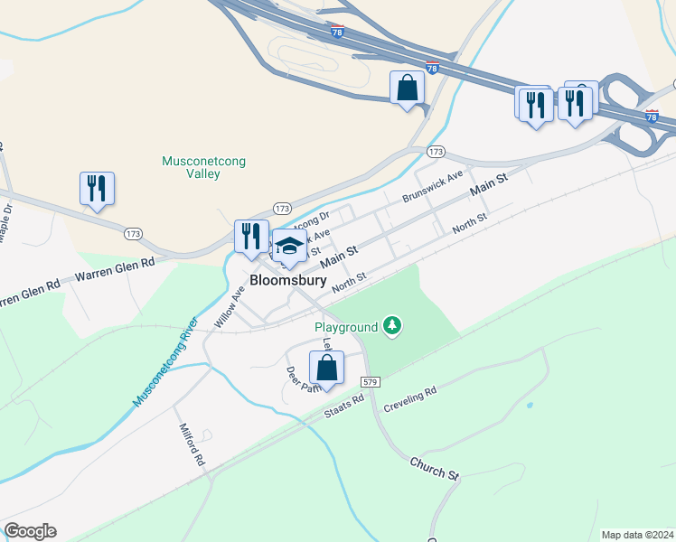 map of restaurants, bars, coffee shops, grocery stores, and more near 58 Center Street in Bloomsbury