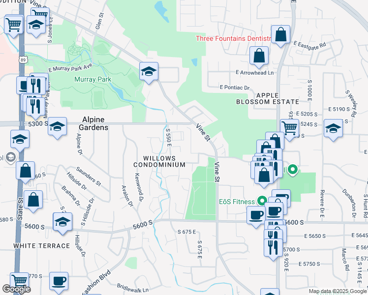map of restaurants, bars, coffee shops, grocery stores, and more near 5348 Trunk Bay Circle in Murray