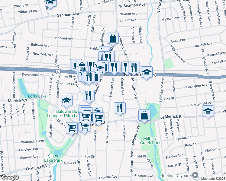 map of restaurants, bars, coffee shops, grocery stores, and more near 2307 Harrison Avenue in Baldwin
