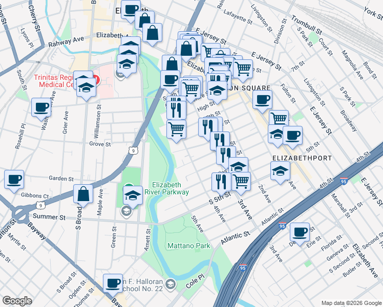 map of restaurants, bars, coffee shops, grocery stores, and more near 611 4th Avenue in Elizabeth