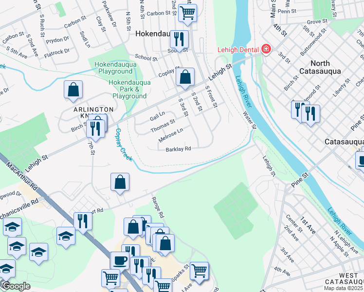 map of restaurants, bars, coffee shops, grocery stores, and more near 3341 Barklay Road in Hokendauqua