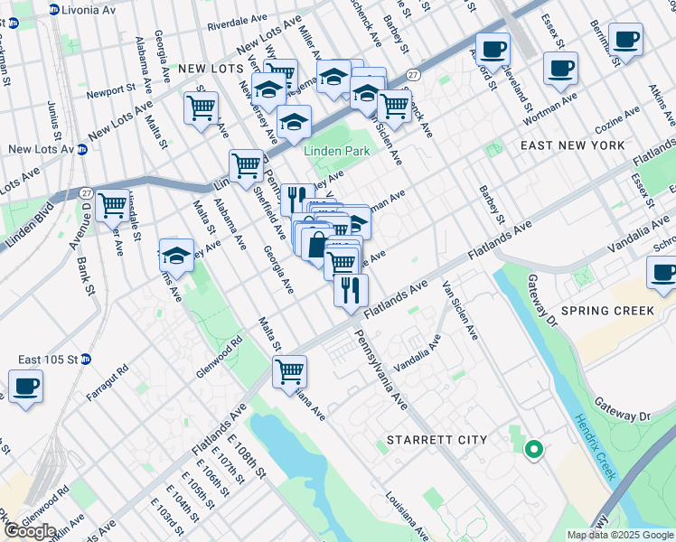 map of restaurants, bars, coffee shops, grocery stores, and more near 965 Pennsylvania Avenue in Brooklyn