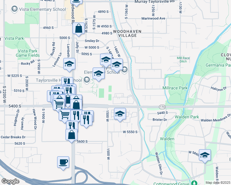 map of restaurants, bars, coffee shops, grocery stores, and more near 1430 Beacon Hill Circle in Taylorsville