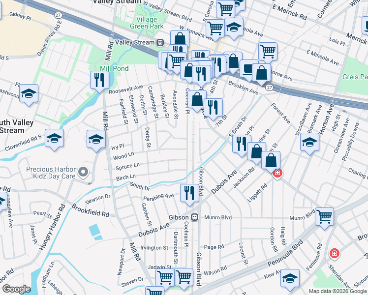 map of restaurants, bars, coffee shops, grocery stores, and more near 146 Cochran Place in Valley Stream