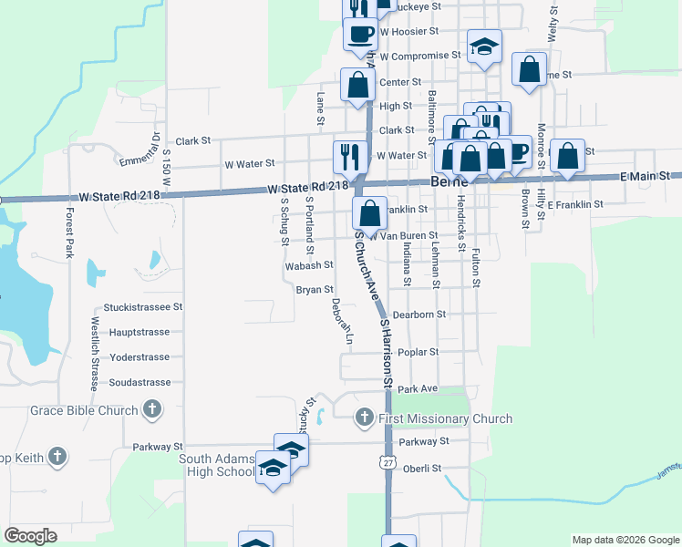map of restaurants, bars, coffee shops, grocery stores, and more near 417 South Linn Grove Avenue in Berne