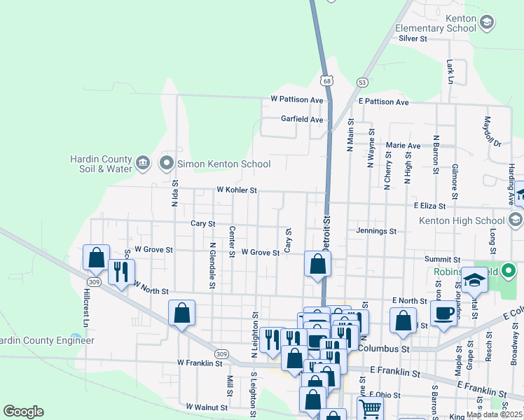 map of restaurants, bars, coffee shops, grocery stores, and more near 526 North Leighton Street in Kenton