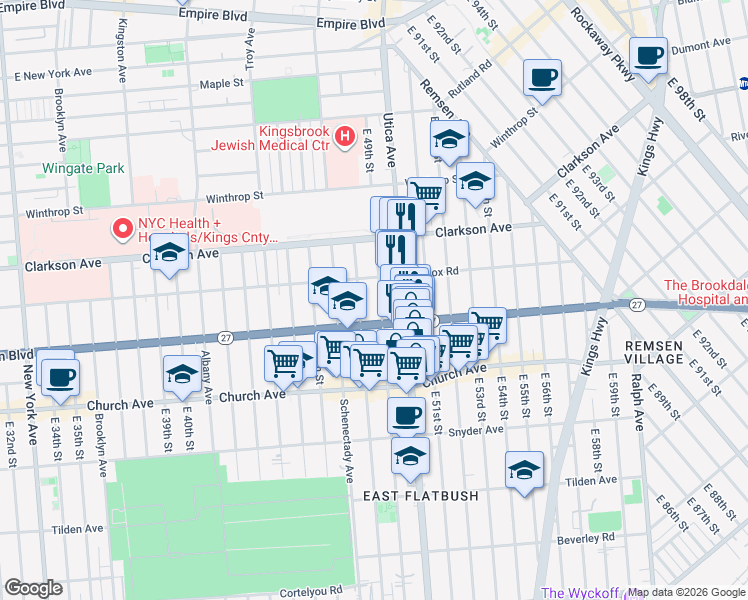 map of restaurants, bars, coffee shops, grocery stores, and more near 306 East 49th Street in Brooklyn