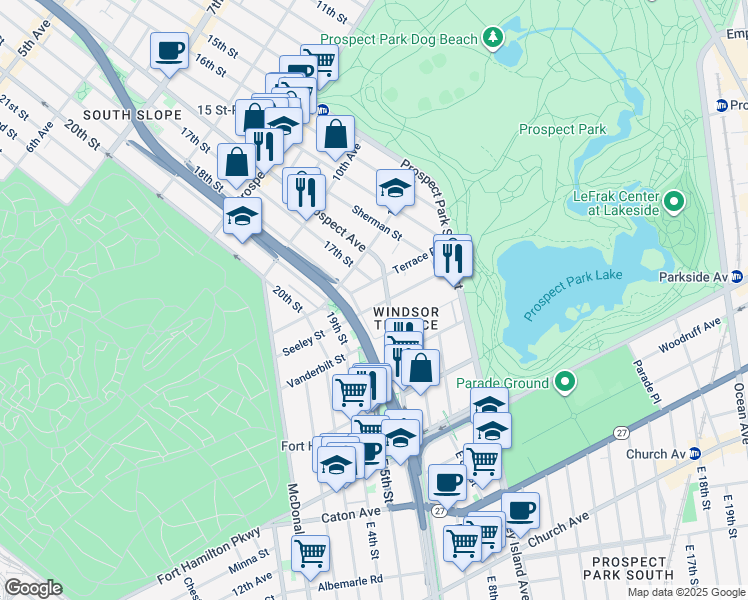 map of restaurants, bars, coffee shops, grocery stores, and more near 151 Seeley Street in Brooklyn