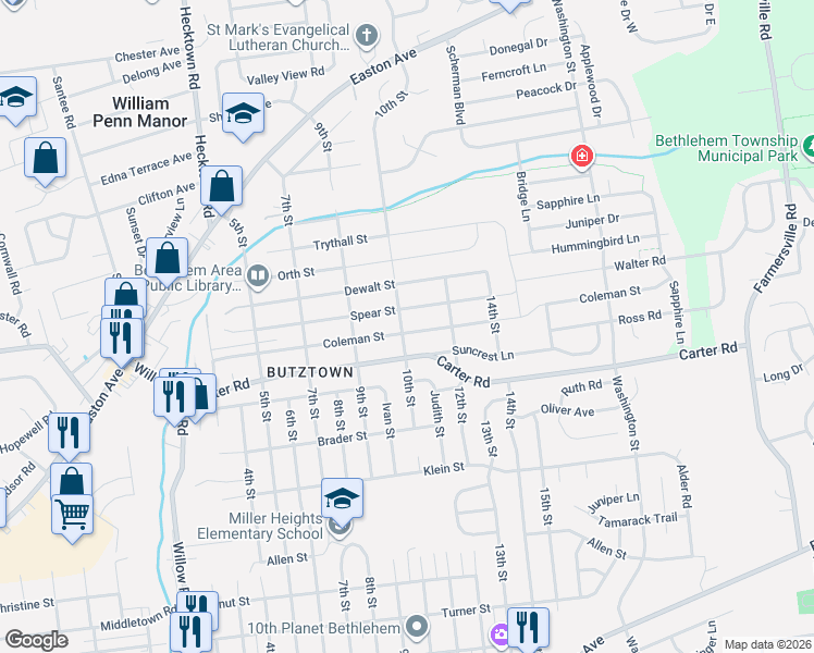 map of restaurants, bars, coffee shops, grocery stores, and more near 2630 10th Street in Bethlehem