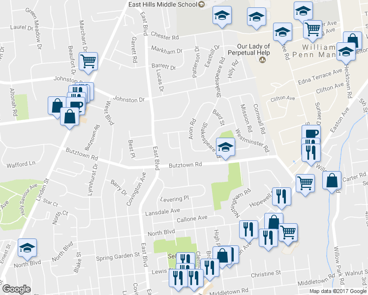 map of restaurants, bars, coffee shops, grocery stores, and more near 2838 Ivanhoe Road in Bethlehem