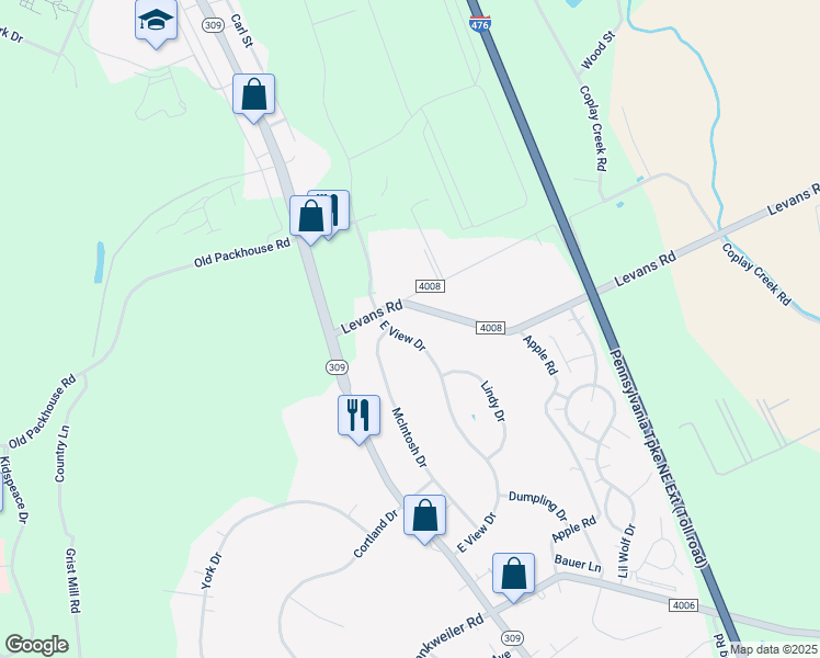 map of restaurants, bars, coffee shops, grocery stores, and more near 3849 East View Drive in Lehigh County