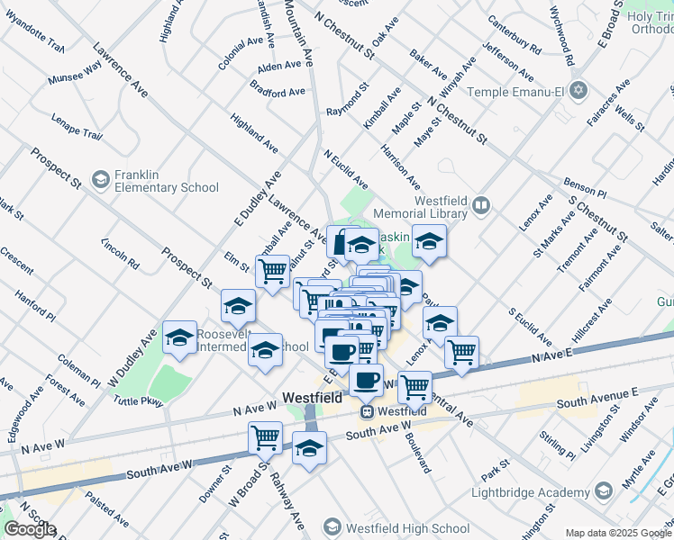map of restaurants, bars, coffee shops, grocery stores, and more near 252 Orchard St in Westfield