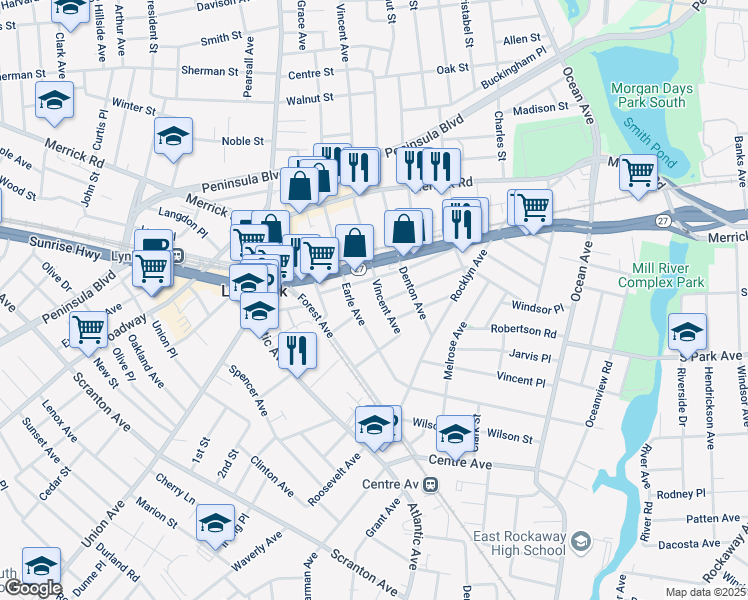 map of restaurants, bars, coffee shops, grocery stores, and more near 105 Vincent Avenue in Lynbrook
