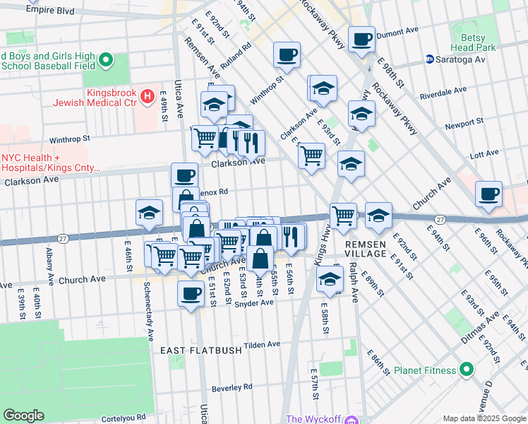 map of restaurants, bars, coffee shops, grocery stores, and more near 150 East 55th Street in Brooklyn