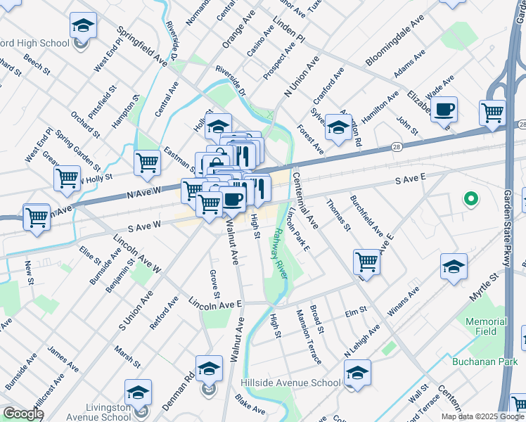 map of restaurants, bars, coffee shops, grocery stores, and more near 206 South Avenue East in Cranford