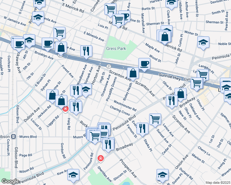 map of restaurants, bars, coffee shops, grocery stores, and more near 55 Surrey Commons in Lynbrook