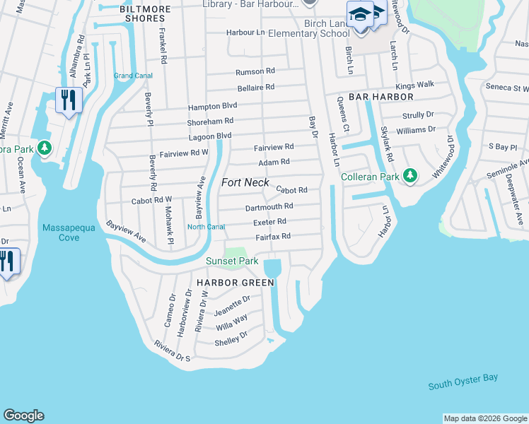 map of restaurants, bars, coffee shops, grocery stores, and more near 114 Dartmouth Road in Massapequa