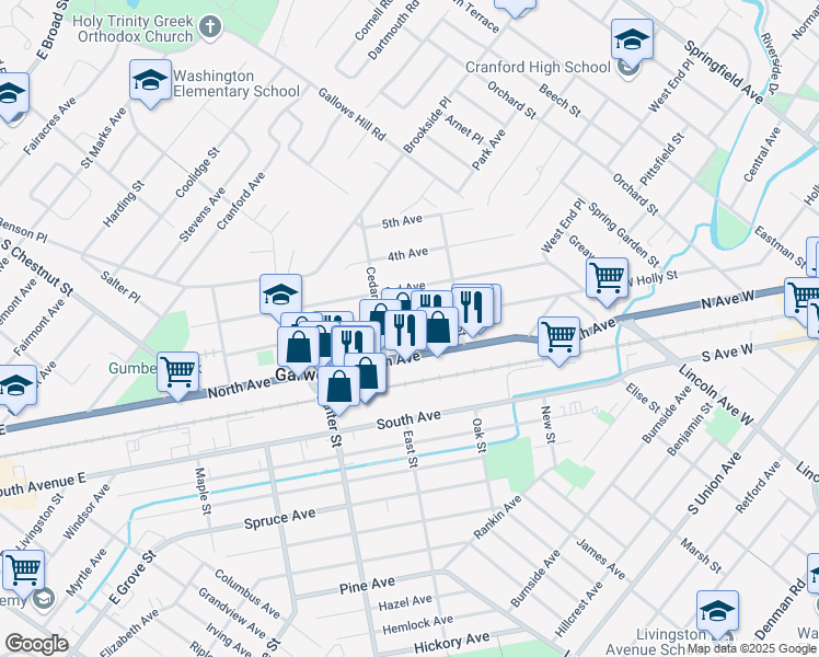 map of restaurants, bars, coffee shops, grocery stores, and more near 245 2nd Avenue in Garwood