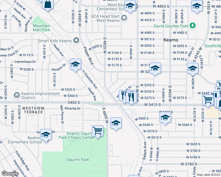 map of restaurants, bars, coffee shops, grocery stores, and more near 4793 West Sarbo Street in Kearns