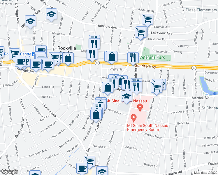 map of restaurants, bars, coffee shops, grocery stores, and more near 510 Merrick Road in Rockville Centre