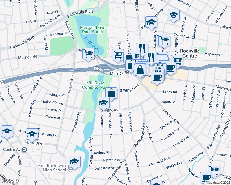 map of restaurants, bars, coffee shops, grocery stores, and more near 109 South Village Avenue in Rockville Centre