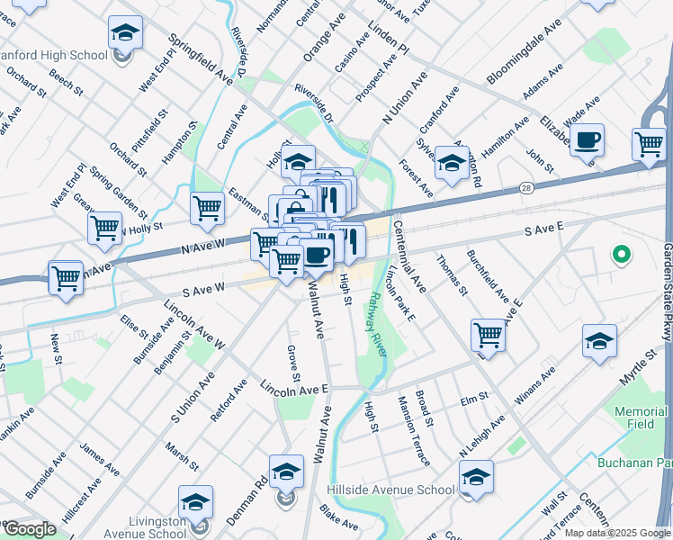map of restaurants, bars, coffee shops, grocery stores, and more near 206 South Avenue East in Cranford