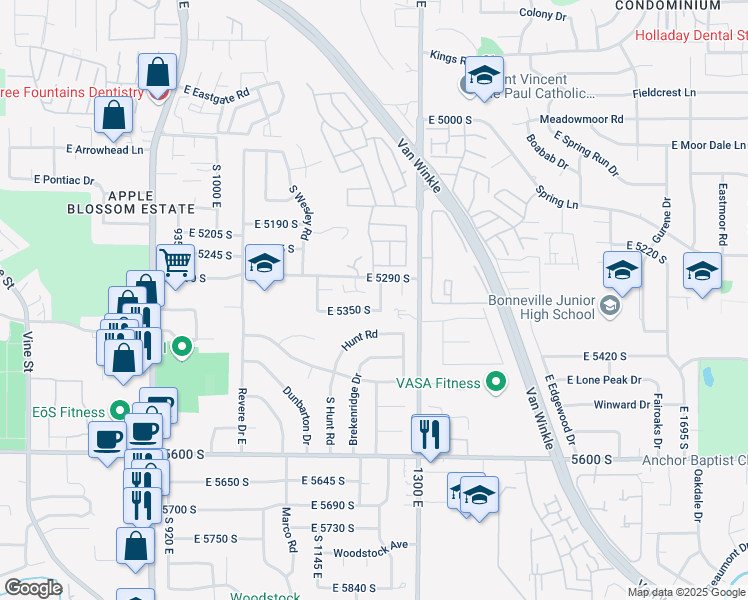 map of restaurants, bars, coffee shops, grocery stores, and more near 5334 Castlegate Drive in Salt Lake City