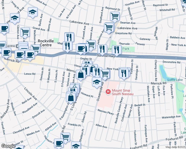 map of restaurants, bars, coffee shops, grocery stores, and more near 555 Merrick Road in Rockville Centre