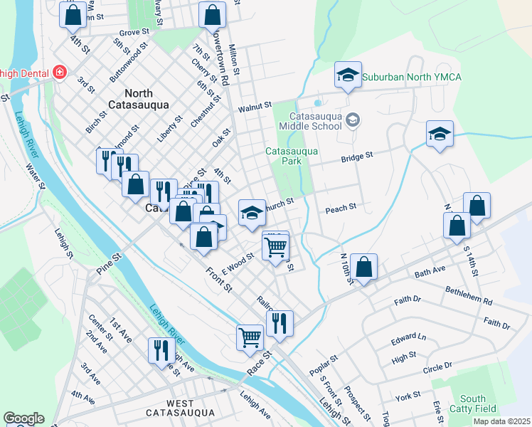 map of restaurants, bars, coffee shops, grocery stores, and more near 343 Howertown Road in Catasauqua