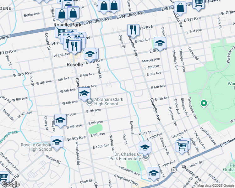 map of restaurants, bars, coffee shops, grocery stores, and more near 233 East 6th Avenue in Roselle