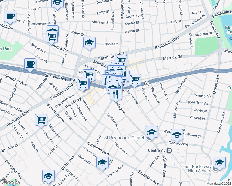 map of restaurants, bars, coffee shops, grocery stores, and more near 381 Sunrise Highway in Lynbrook
