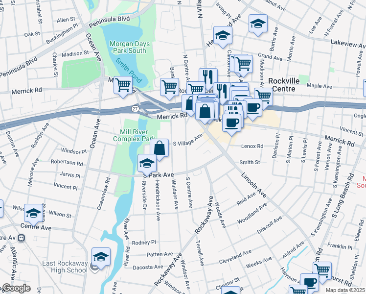 map of restaurants, bars, coffee shops, grocery stores, and more near 71 South Village Avenue in Rockville Centre