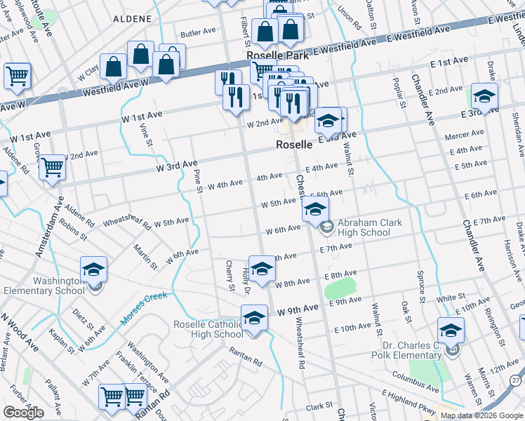 map of restaurants, bars, coffee shops, grocery stores, and more near 153 West 5th Avenue in Roselle