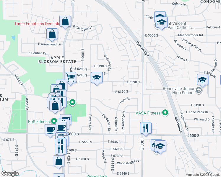 map of restaurants, bars, coffee shops, grocery stores, and more near 5332 Castlecreek Drive in Salt Lake City