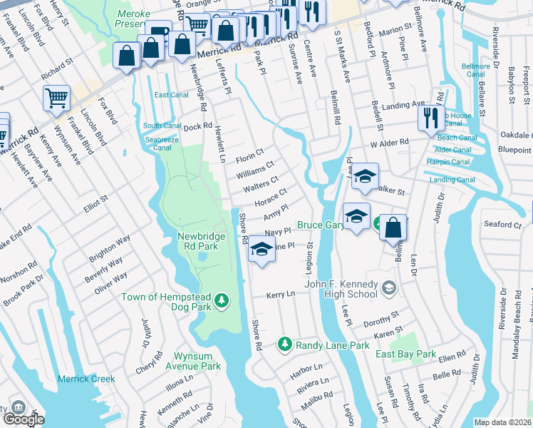 map of restaurants, bars, coffee shops, grocery stores, and more near 2487 Army Place in Bellmore