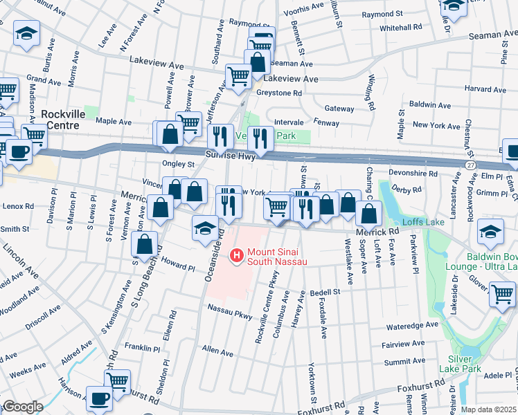 map of restaurants, bars, coffee shops, grocery stores, and more near 23 Chestnut Street in Rockville Centre