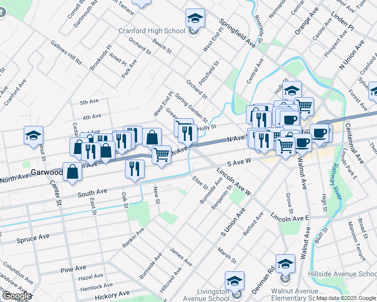 map of restaurants, bars, coffee shops, grocery stores, and more near in Garwood