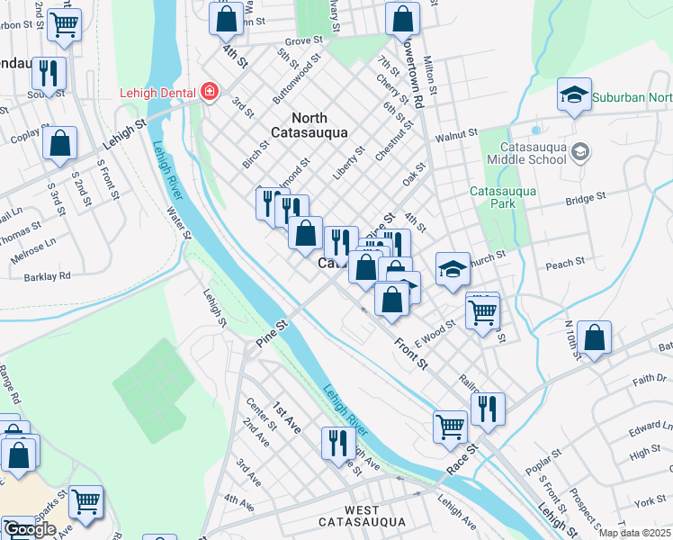 map of restaurants, bars, coffee shops, grocery stores, and more near 102 Pine Street in Catasauqua