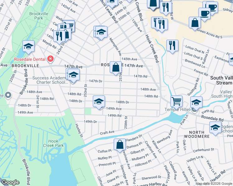 map of restaurants, bars, coffee shops, grocery stores, and more near 255-47 148th Road in Queens
