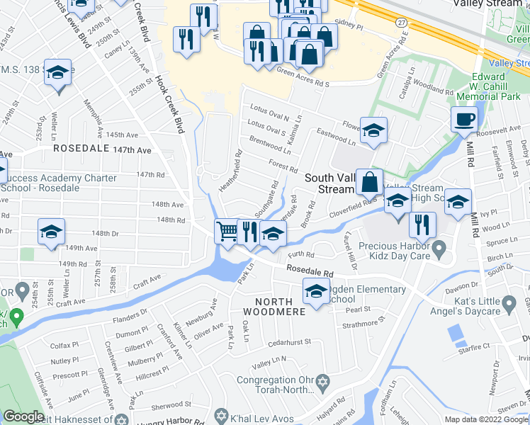 map of restaurants, bars, coffee shops, grocery stores, and more near 55 Southgate Road in Valley Stream