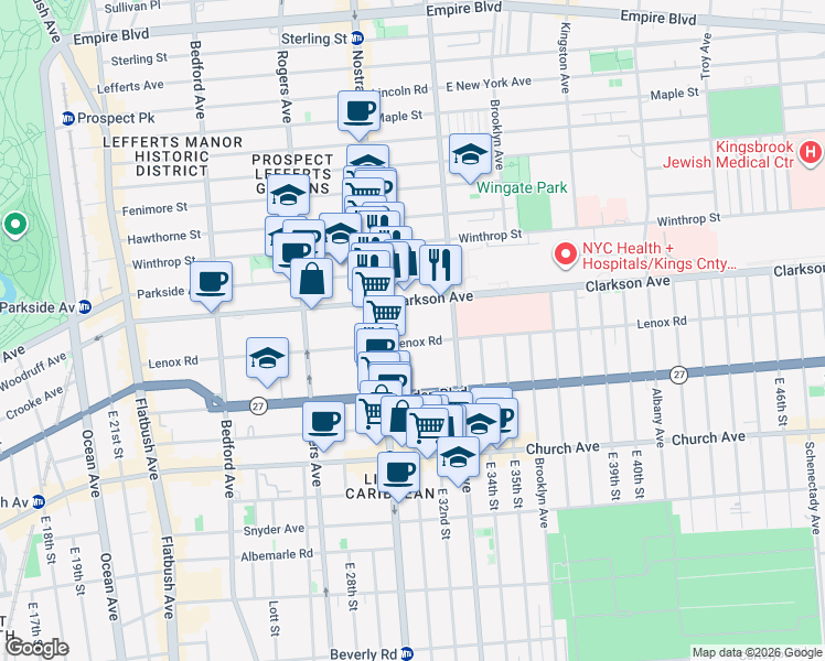 map of restaurants, bars, coffee shops, grocery stores, and more near 333 Lenox Road in Brooklyn